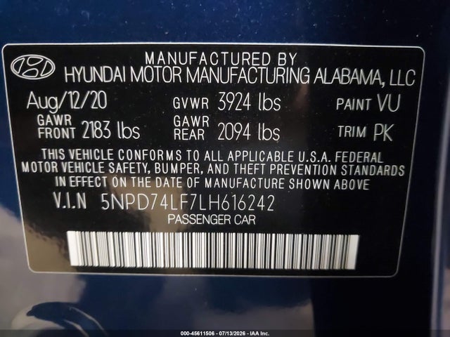 5NPD74LF7LH616242 Hyundai ELANTRA SE