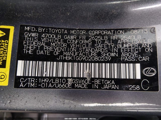 45611509 :رقم المزاد ، JTHBK1GG9D2080239 vin ، 2013 Lexus Es 350 مزاد بيع