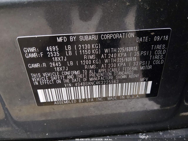 Aukcja sprzedaży 2019 Subaru Outback 2.5i Limited, vin: 4S4BSANC4K3225563, numer aukcji: 45611514