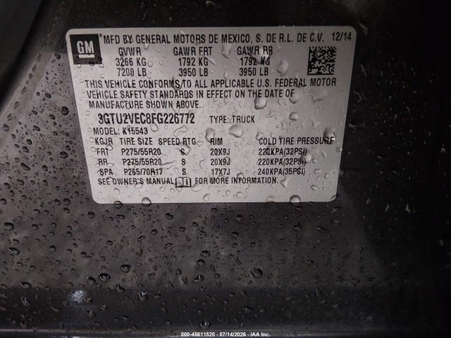Продажа на аукционе авто 2015 Gmc Sierra 1500 Slt, vin: 3GTU2VEC8FG226772, номер лота: 45611520