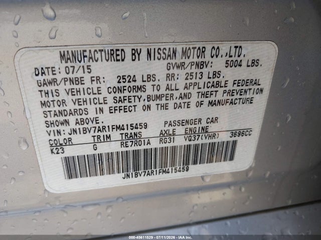 Продаж на аукціоні авто 2015 Infiniti Q50, vin: JN1BV7AR1FM415459, номер лоту: 45611529