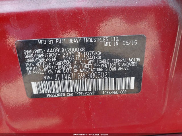 Aukcja sprzedaży 2016 Subaru Wrx Limited, vin: JF1VA1L69G9806021, numer aukcji: 45611548