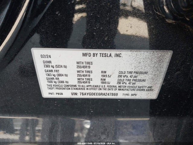 2024 Tesla Model Y Long Range Dual Motor All-wheel Drive მანქანა იყიდება აუქციონზე, vin: 7SAYGDEE6RA247869, აუქციონის ნომერი: 45611549