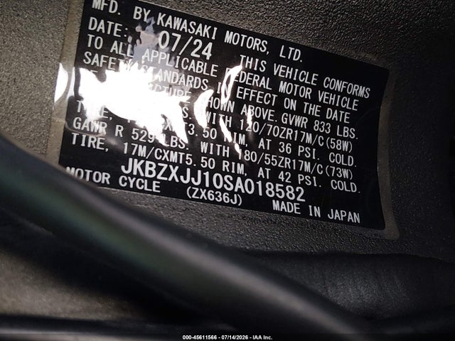 2025 Kawasaki Zx636 K მანქანა იყიდება აუქციონზე, vin: JKBZXJJ10SA018582, აუქციონის ნომერი: 45611566