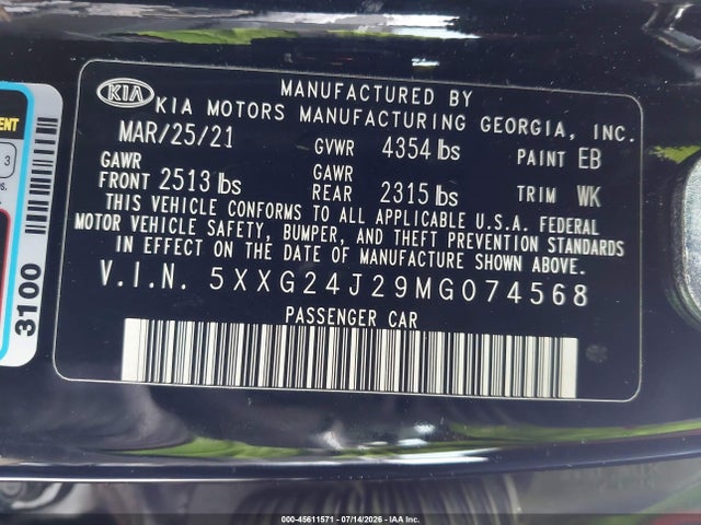 2021 Kia K5 Lx მანქანა იყიდება აუქციონზე, vin: 5XXG24J29MG074568, აუქციონის ნომერი: 45611571
