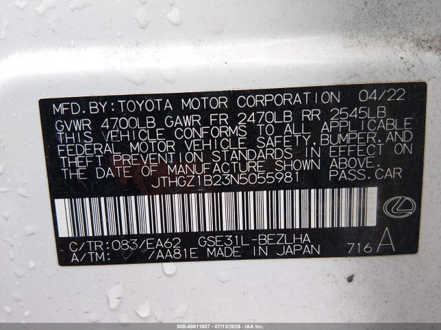 Продаж на аукціоні авто 2022 Lexus Is 350 F Sport, vin: JTHGZ1B23N5055981, номер лоту: 45611607