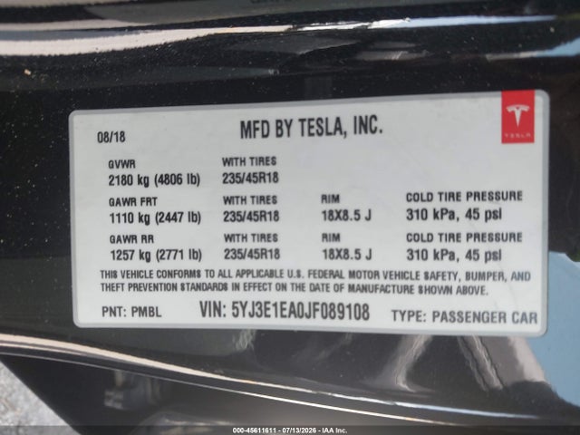 Tesla Model 3 Long Range/mid Range 2018 5YJ3E1EA0JF089108 Image 9