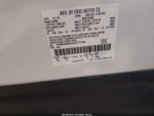 1FM5K8B82JGC77528 Ford Explorer