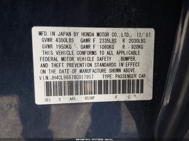 45611613 :رقم المزاد ، JH4CL96878C017957 vin ، 2008 Acura Tsx مزاد بيع