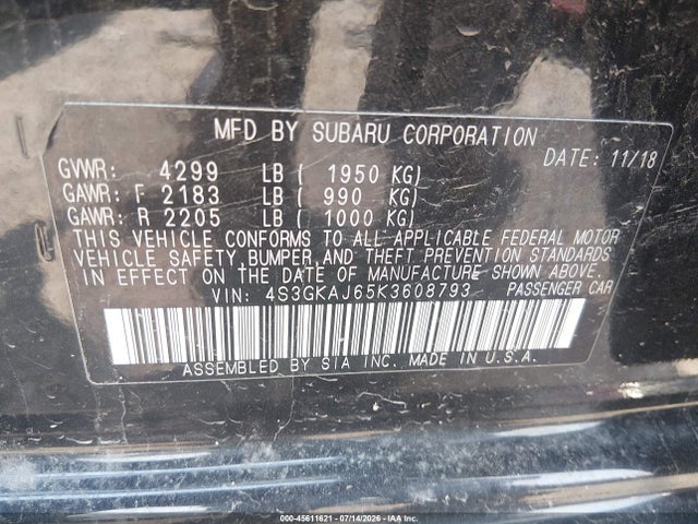 2019 Subaru Impreza 2.0i Sport მანქანა იყიდება აუქციონზე, vin: 4S3GKAJ65K3608793, აუქციონის ნომერი: 45611621