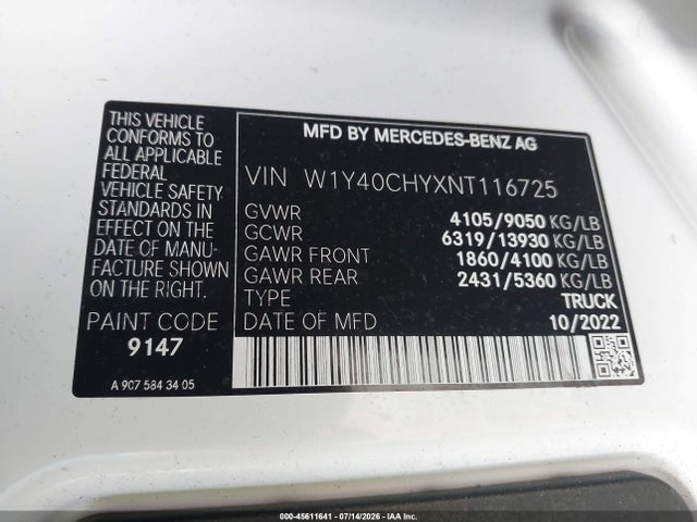 Продажа на аукционе авто 2022 Mercedes-benz Sprinter 2500 High Roof I4, vin: W1Y40CHYXNT116725, номер лота: 45611641