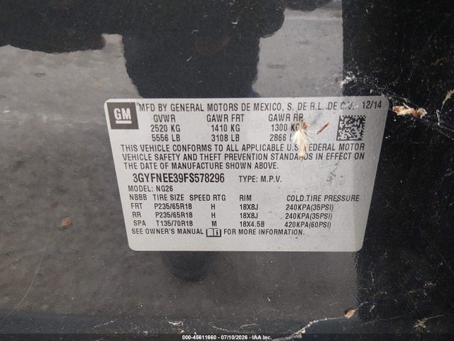 45611660 :رقم المزاد ، 3GYFNEE39FS578296 vin ، 2015 Cadillac Srx Luxury Collection مزاد بيع