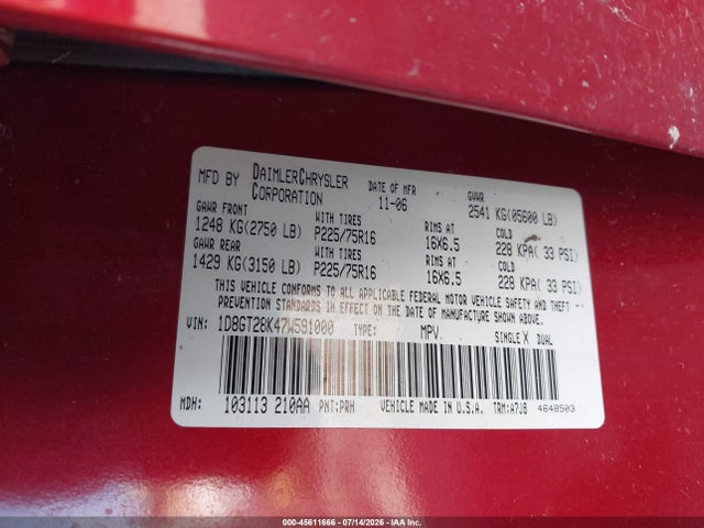 45611666 :رقم المزاد ، 1D8GT28K47W591000 vin ، 2007 Dodge Nitro Sxt مزاد بيع