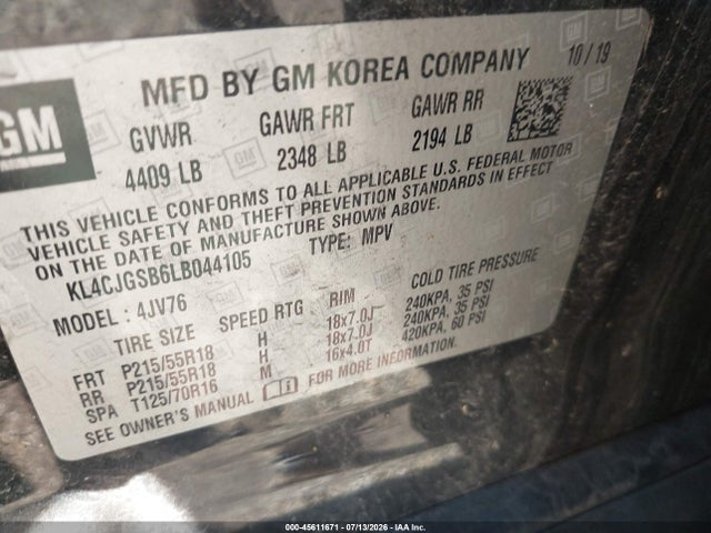 2020 Buick Encore Awd Essence მანქანა იყიდება აუქციონზე, vin: KL4CJGSB6LB044105, აუქციონის ნომერი: 45611671