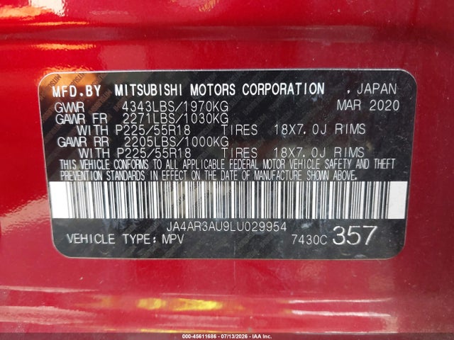 Aukcja sprzedaży 2020 Mitsubishi Outlander Sport 2.0 Be Awc/2.0 Es Awc/2.0 Se Awc/2.0 Sp Awc, vin: JA4AR3AU9LU029954, numer aukcji: 45611686