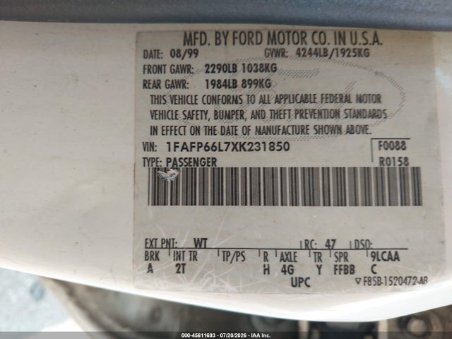 45611693 :رقم المزاد ، 1FAFP66L7XK231850 vin ، 1999 Ford Contour Se مزاد بيع
