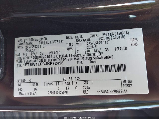 Продажа на аукционе авто 2018 Ford F-150 Xl, vin: 1FTEW1EP3JKF72458, номер лота: 45611709