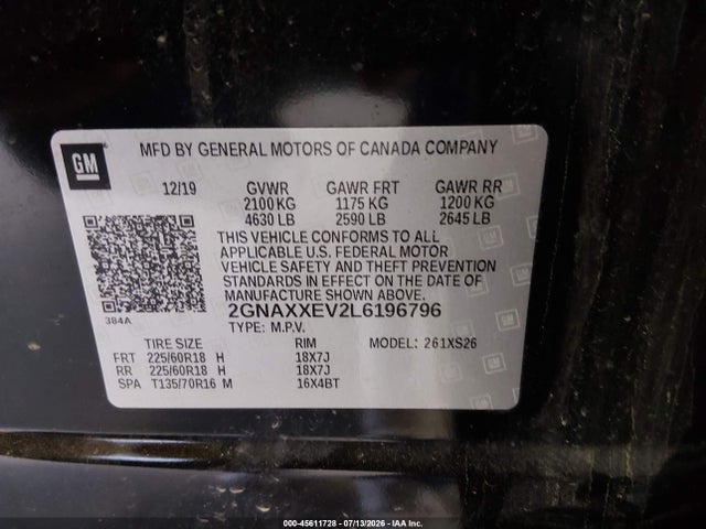 45611728 :رقم المزاد ، 2GNAXXEV2L6196796 vin ، 2020 Chevrolet Equinox Awd Premier 1.5l Turbo مزاد بيع