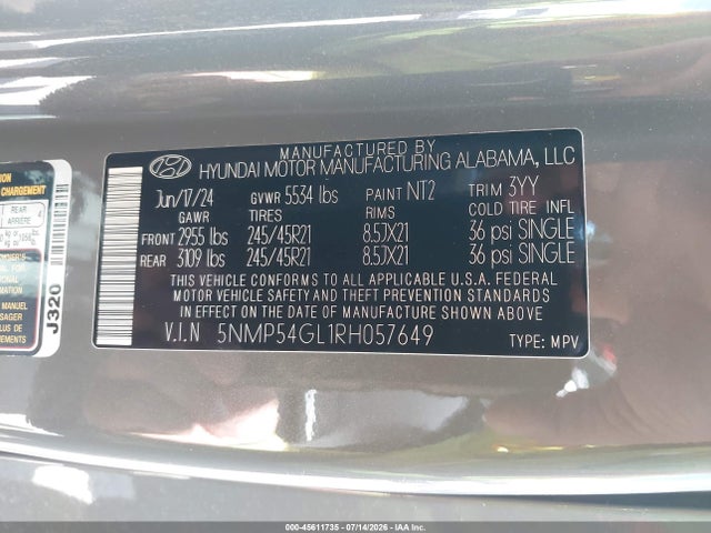 2024 Hyundai Santa Fe Calligraphy მანქანა იყიდება აუქციონზე, vin: 5NMP54GL1RH057649, აუქციონის ნომერი: 45611735