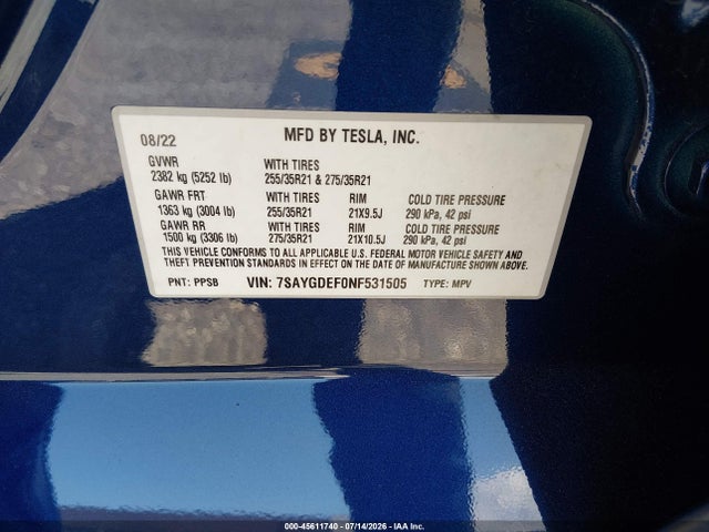 Aukcja sprzedaży 2022 Tesla Model Y Performance Dual Motor All-wheel Drive, vin: 7SAYGDEF0NF531505, numer aukcji: 45611740