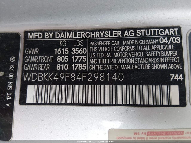 45611746 :رقم المزاد ، WDBKK49F84F298140 vin ، 2004 Mercedes-benz Slk 230 Kompressor مزاد بيع