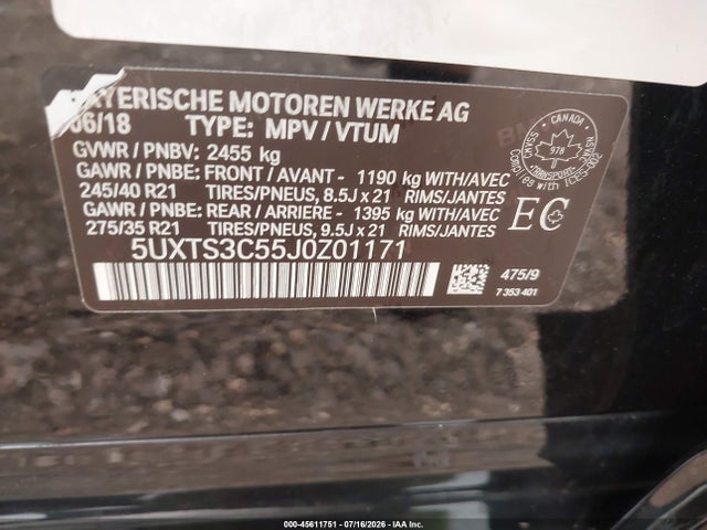 Aukcja sprzedaży 2018 Bmw X3 M40i, vin: 5UXTS3C55J0Z01171, numer aukcji: 45611751