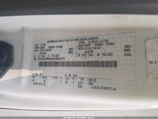 Продажа на аукционе авто 2008 Ford Econoline Commercial Cutaway, vin: 1FD4E45S68DB59335, номер лота: 45611764