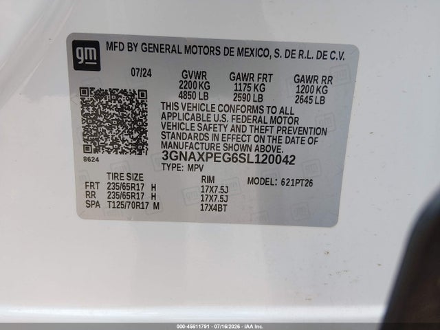 Продажа на аукционе авто 2025 Chevrolet Equinox Awd Lt, vin: 3GNAXPEG6SL120042, номер лота: 45611791