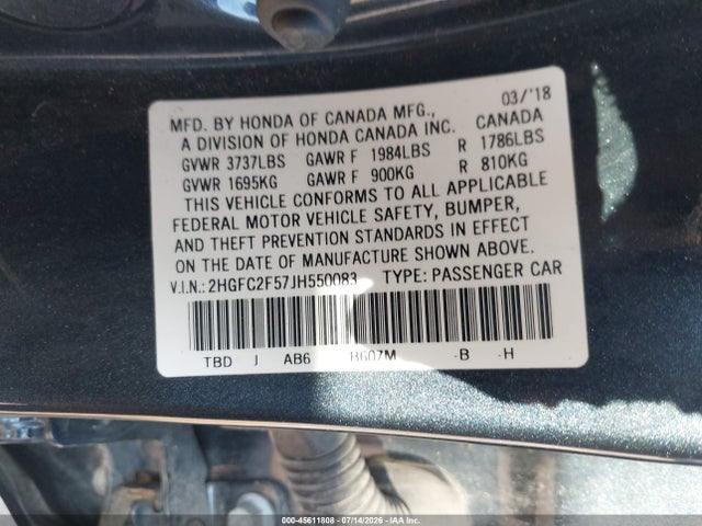 Aukcja sprzedaży 2018 Honda Civic Lx, vin: 2HGFC2F57JH550083, numer aukcji: 45611808