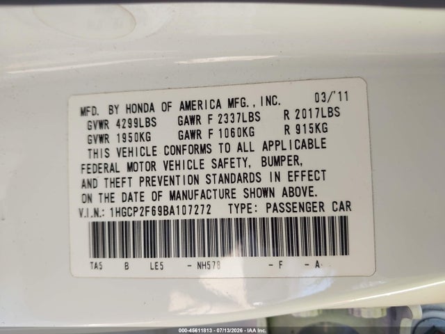 Aukcja sprzedaży 2011 Honda Accord 2.4 Se, vin: 1HGCP2F69BA107272, numer aukcji: 45611813