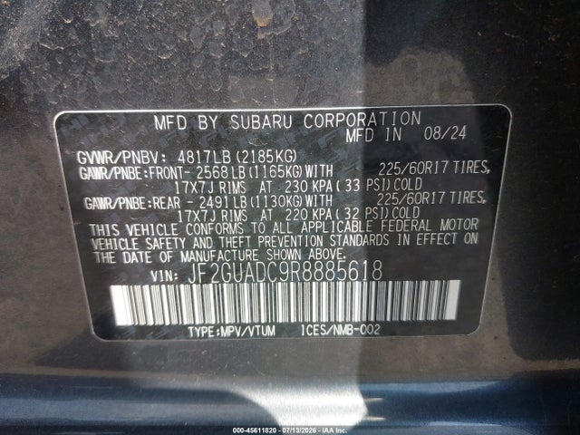 45611820 :رقم المزاد ، JF2GUADC9R8885618 vin ، 2024 Subaru Crosstrek Premium مزاد بيع