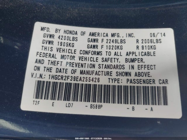 Honda ACCORD LX 2014 1HGCR2F39EA255426 Image 9