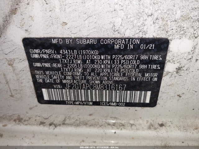 2021 Subaru Crosstrek Premium მანქანა იყიდება აუქციონზე, vin: JF2GTAPC8M8316167, აუქციონის ნომერი: 45611874