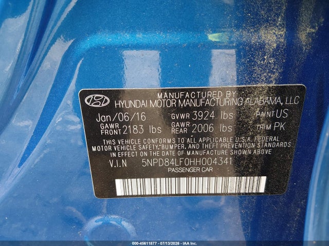 45611877 :رقم المزاد ، 5NPD84LF0HH004341 vin ، 2017 Hyundai Elantra Se مزاد بيع