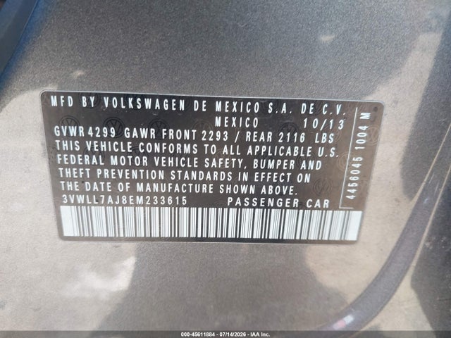 45611884 :رقم المزاد ، 3VWLL7AJ8EM233615 vin ، 2014 Volkswagen Jetta 2.0l Tdi/2.0l Tdi Value Edition مزاد بيع