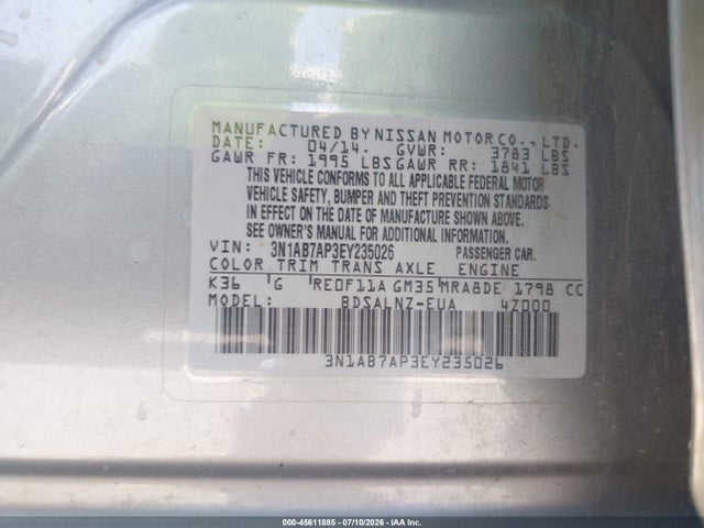 3N1AB7AP3EY235026 Nissan Sentra Fe+ Sv