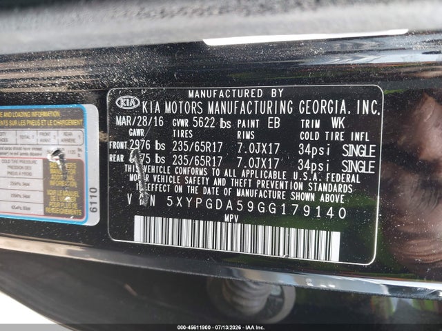 Aukcja sprzedaży 2016 Kia Sorento 3.3l Lx, vin: 5XYPGDA59GG179140, numer aukcji: 45611900