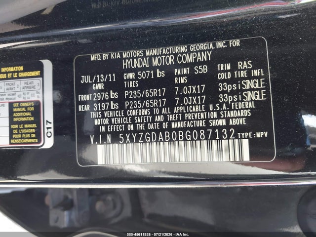 Продажа на аукционе авто 2011 Hyundai Santa Fe Gls, vin: 5XYZGDAB0BG087132, номер лота: 45611926