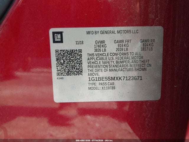 Auction sale of the 2019 Chevrolet Cruze Lt, vin: 1G1BE5SMXK7123671, lot number: 45611936