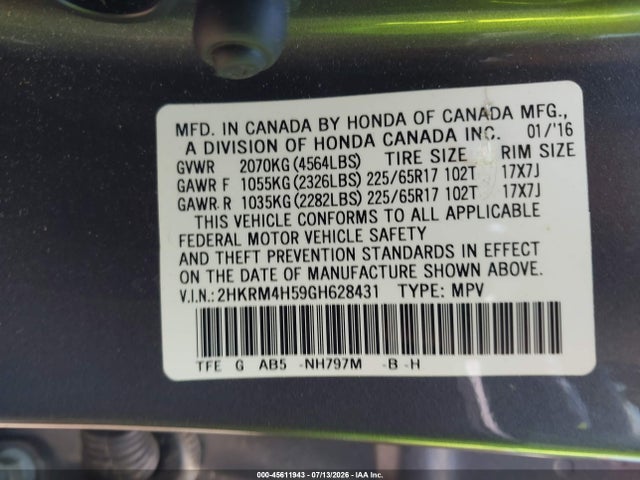 Honda CR-V EX 2016 2HKRM4H59GH628431 Image 9