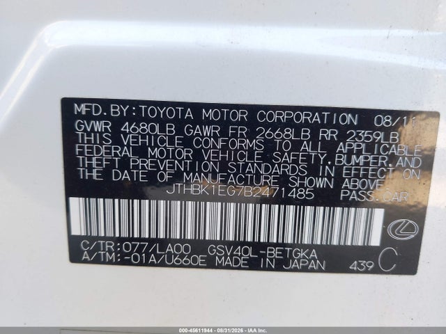 Aukcja sprzedaży 2011 Lexus Es 350, vin: JTHBK1EG7B2471485, numer aukcji: 45611944