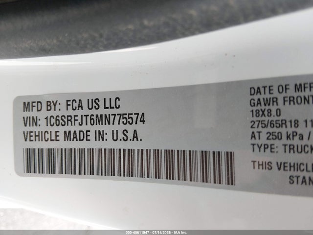 Продажа на аукционе авто 2021 Ram 1500 Laramie  4x4 5'7 Box, vin: 1C6SRFJT6MN775574, номер лота: 45611947