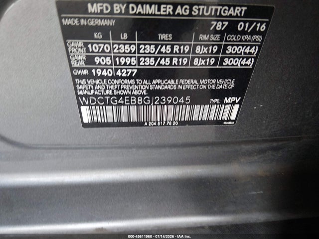 Aukcja sprzedaży 2016 Mercedes-benz Gla 250, vin: WDCTG4EB8GJ239045, numer aukcji: 45611960