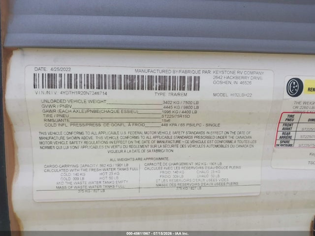 45611967 :رقم المزاد ، 4YDTH1R20N7248714 vin ، 2022 Keystone M-32lbh مزاد بيع