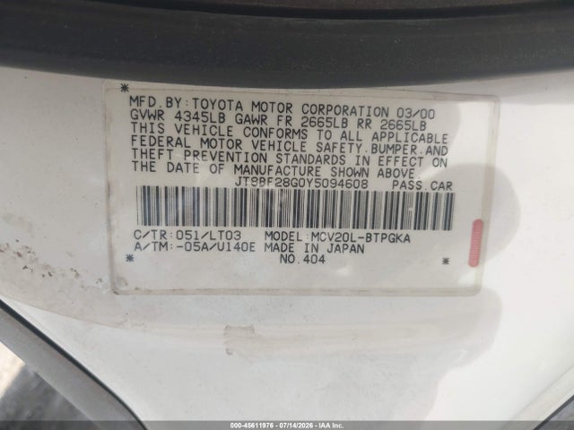 Aukcja sprzedaży 2000 Lexus Es 300, vin: JT8BF28G0Y5094608, numer aukcji: 45611976