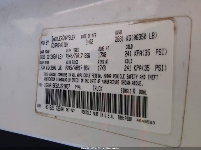 45611978 :رقم المزاد ، 1D7HA16K02J221857 vin ، 2002 Dodge Ram 1500 St مزاد بيع