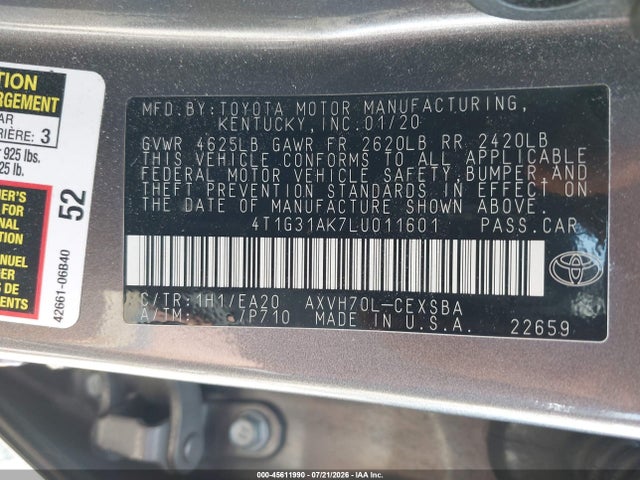 4T1G31AK7LU011601 Toyota Camry Se Hybrid