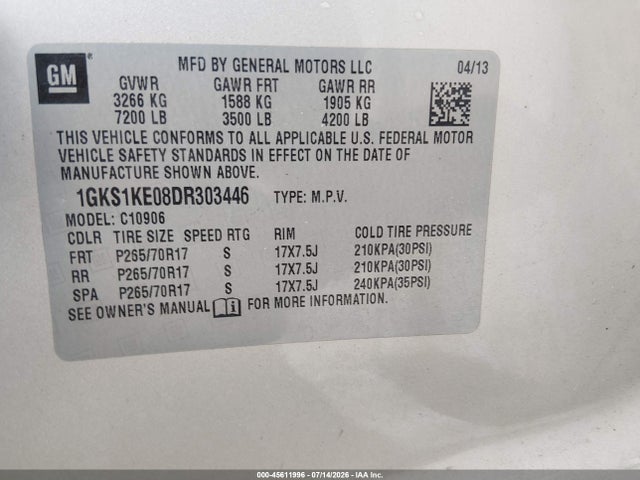 45611996 :رقم المزاد ، 1GKS1KE08DR303446 vin ، 2013 Gmc Yukon Xl 1500 Slt مزاد بيع