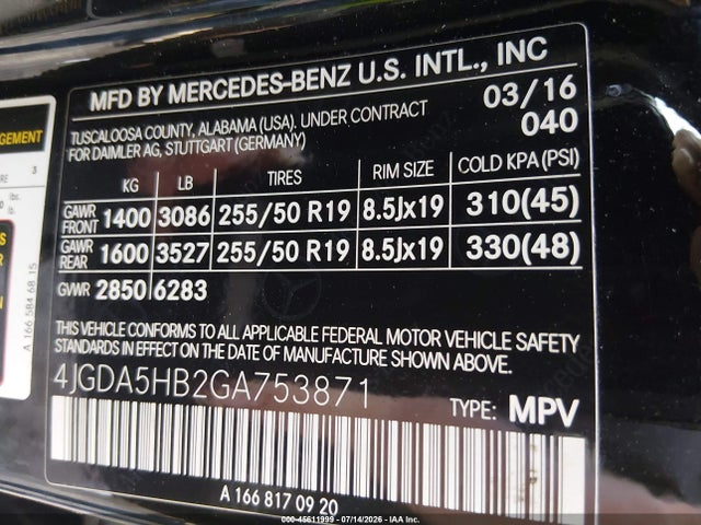 45611999 :رقم المزاد ، 4JGDA5HB2GA753871 vin ، 2016 Mercedes-benz Gle 350 4matic مزاد بيع