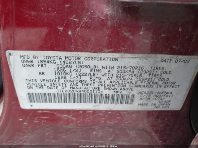 45612017 :رقم المزاد ، JTEHD20V440001104 vin ، 2004 Toyota Rav4 مزاد بيع